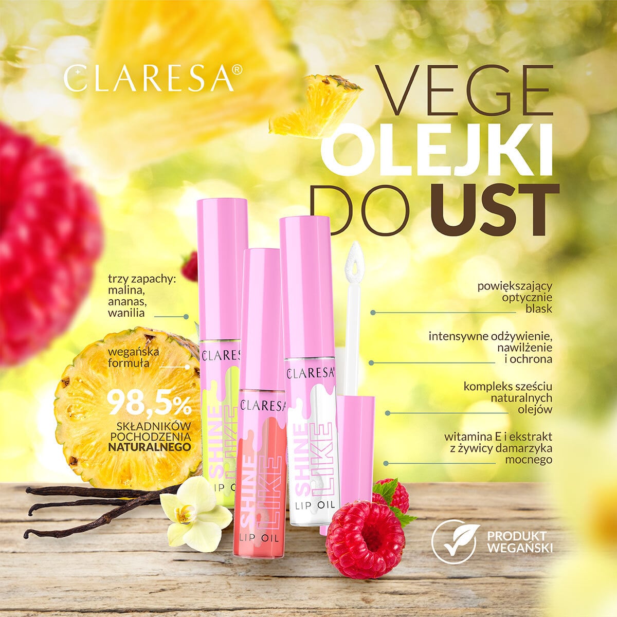 Claresa-Olejek-do-Ust-Pineapple-wegański-nawilżenie-i-odżywienie-warg-lekka-nietłusta-formuła-z-filtrami-UV