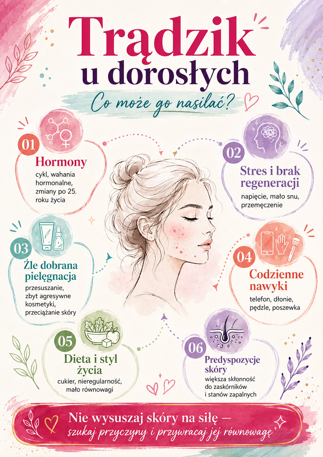 co nasila tradzik u doroslych Najczęstsze czynniki nasilające trądzik u dorosłych: hormony, stres, pielęgnacja, nawyki, dieta i predyspozycje skóry.