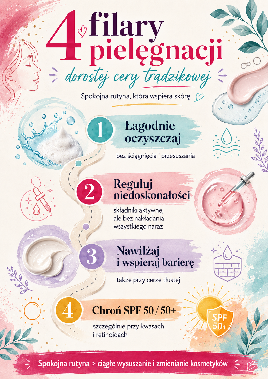 cztery filary pielegnacji cery tradzikowej Cztery filary pielęgnacji dorosłej cery trądzikowej: oczyszczanie, regulacja niedoskonałości, nawilżanie i ochrona SPF.