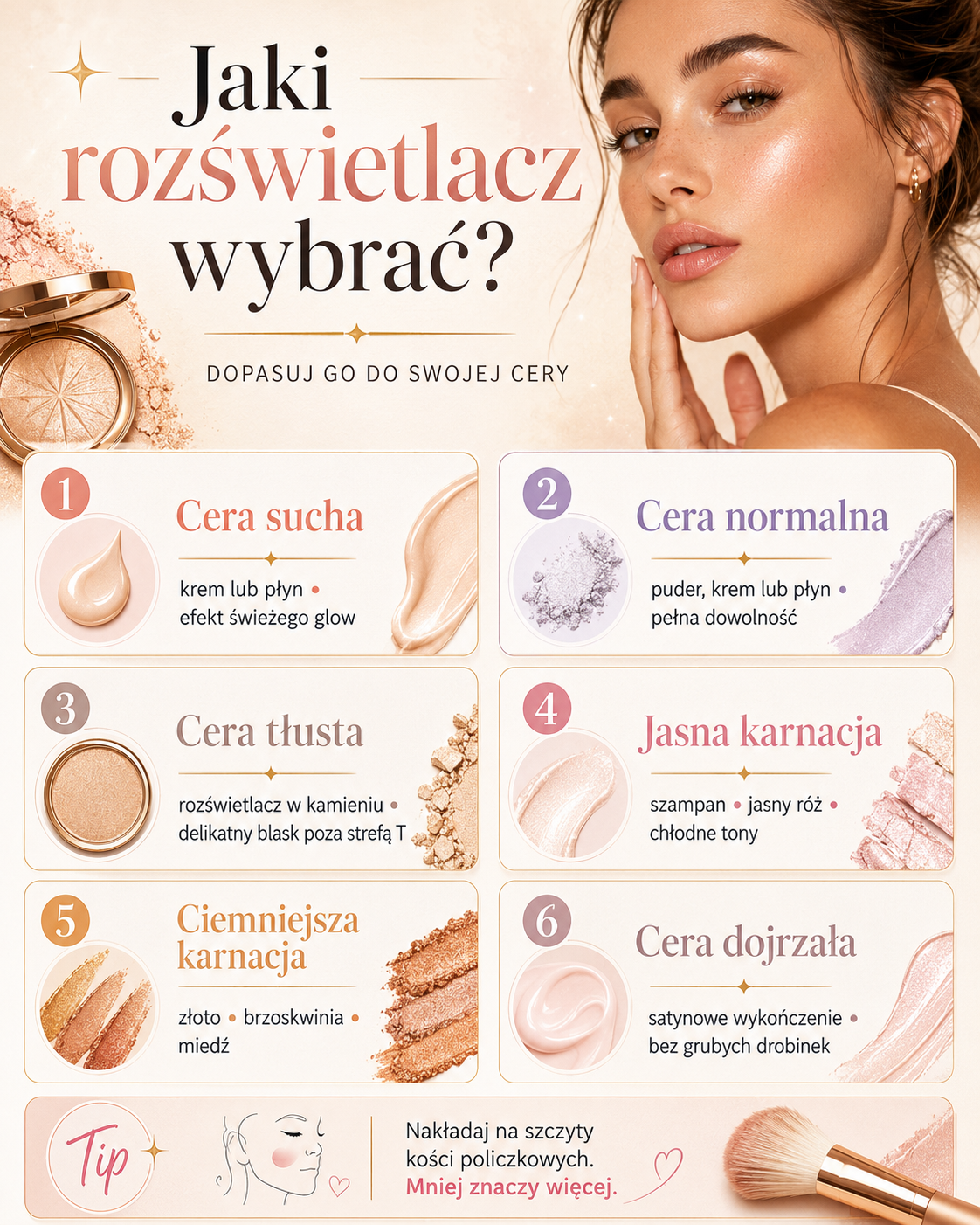 jak dobrać rozświetlacz do cery i karnacji Dobór rozświetlacza do cery suchej, normalnej, tłustej i dojrzałej oraz jasnej i ciemniejszej karnacji.