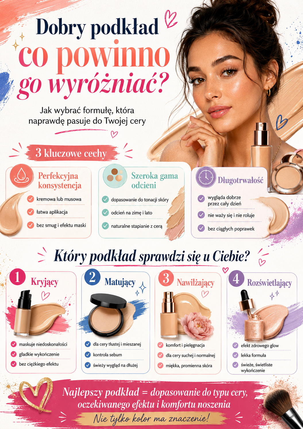 jak wybrac podklad do typu cery Rodzaje podkładów do twarzy dopasowane do typu cery, poziomu krycia i oczekiwanego wykończenia.