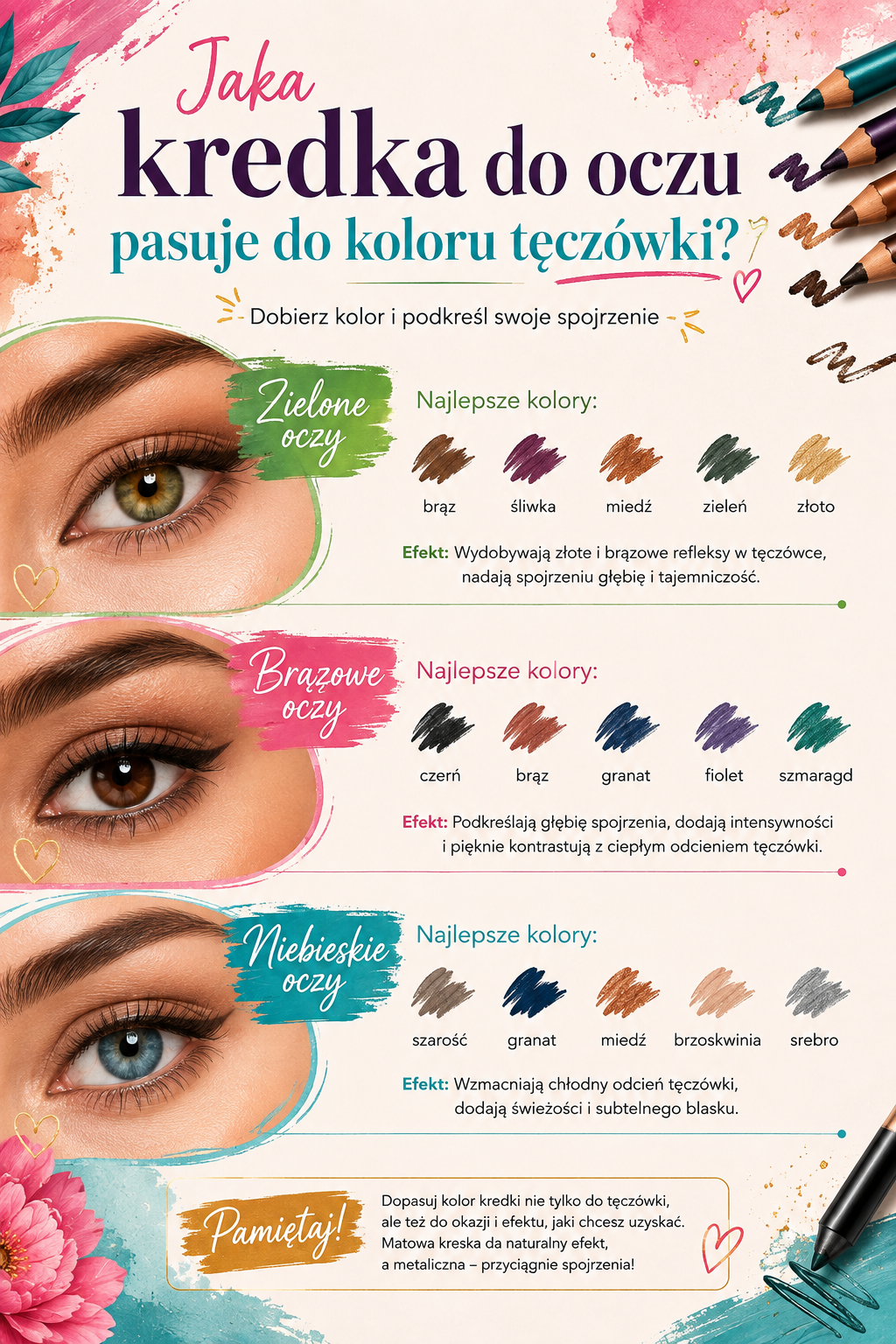 jaka kredka do oczu pasuje do koloru teczowki Dobór koloru kredki do zielonych, brązowych i niebieskich oczu z przykładami pasujących odcieni.
