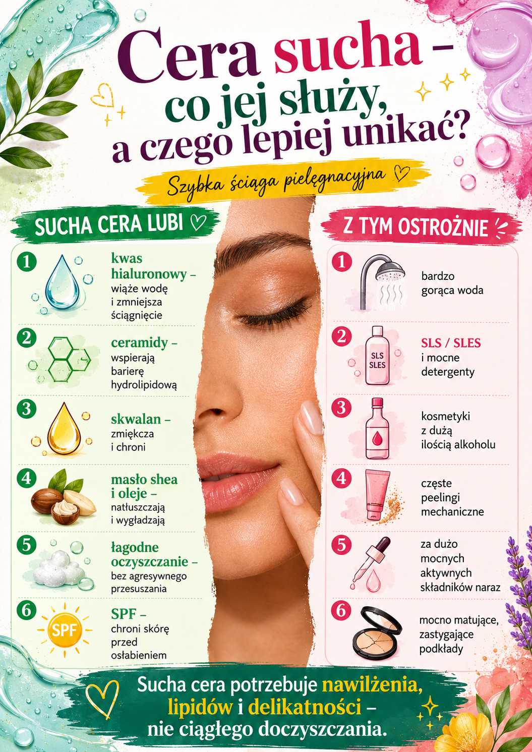 co lubi cera sucha a czego unikac Pielęgnacja cery suchej – składniki wspierające nawilżenie i barierę skóry oraz rzeczy, których warto unikać.