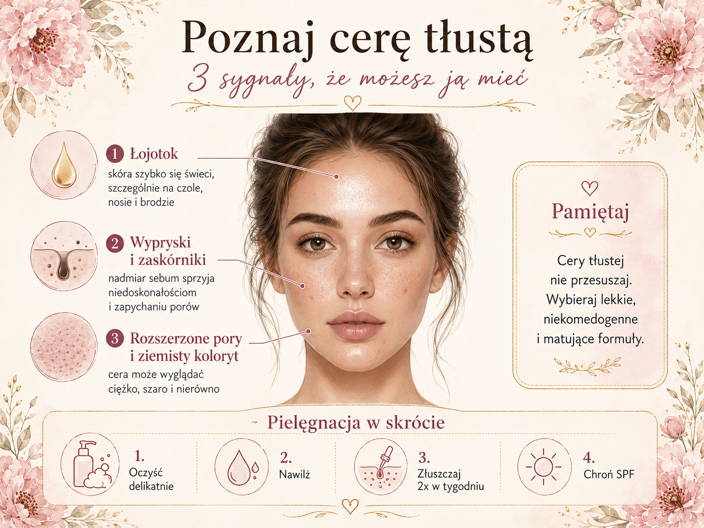 3 sygnały, że możesz mieć cerę tłustą cera tłusta objawy łojotok wypryski rozszerzone pory