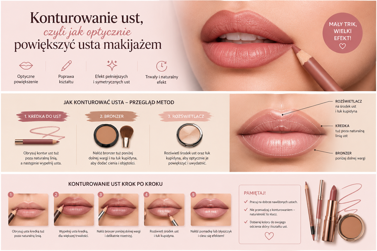 jak optycznie powiększyć usta makijażem