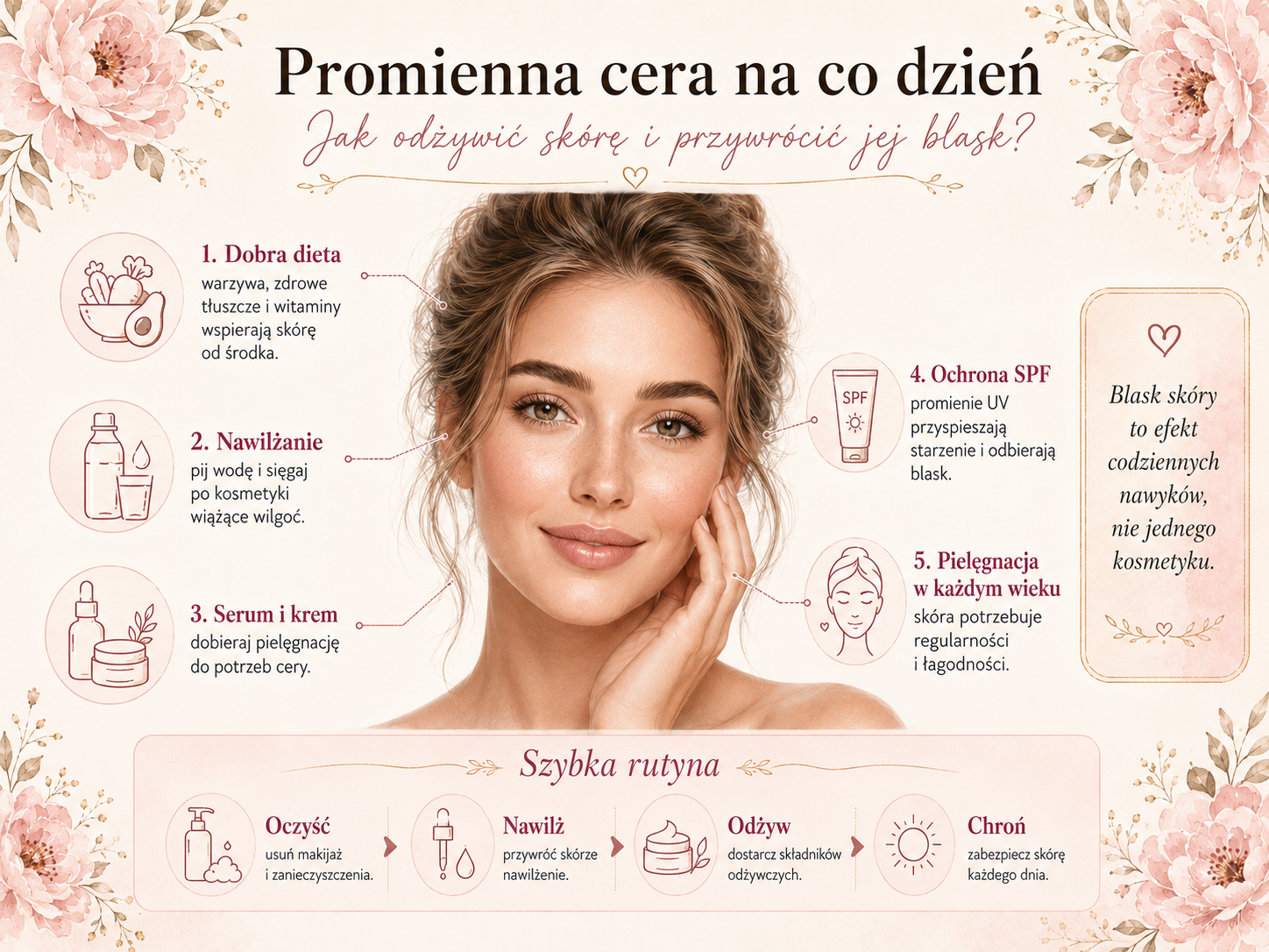Promienna cera na co dzień dzięki diecie, nawilżaniu i SPF jak odzyskać blask skóry twarzy krok po kroku