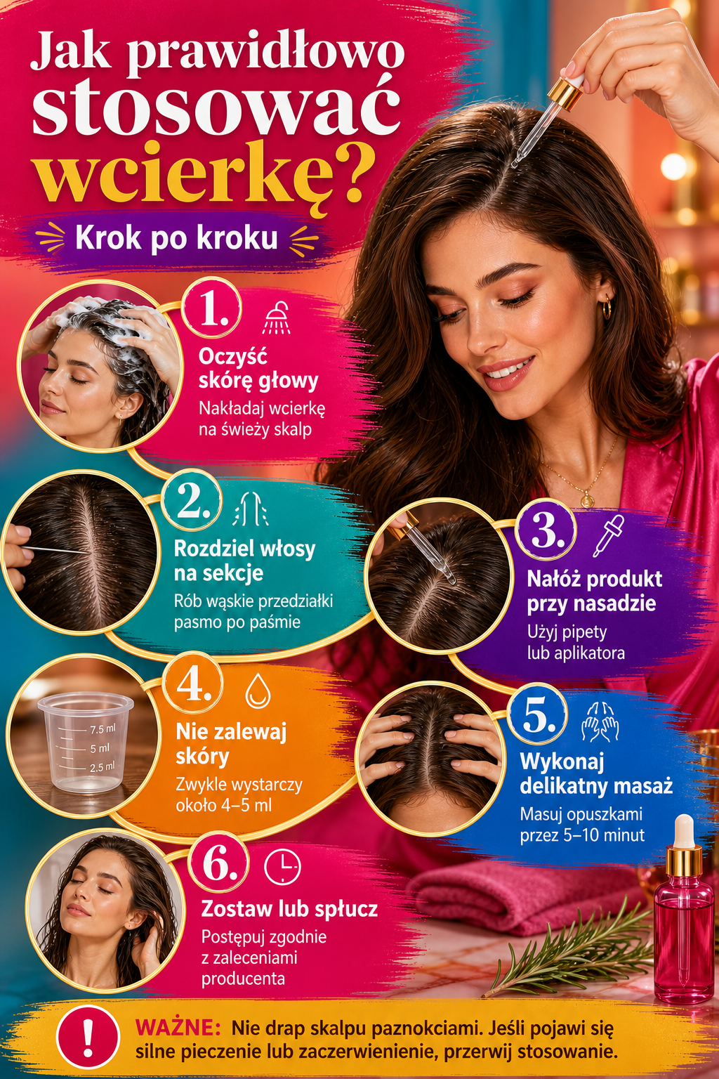 aplikacja wcierki na skore glowy Etapy nakładania wcierki na skórę głowy i wykonywania delikatnego masażu.
