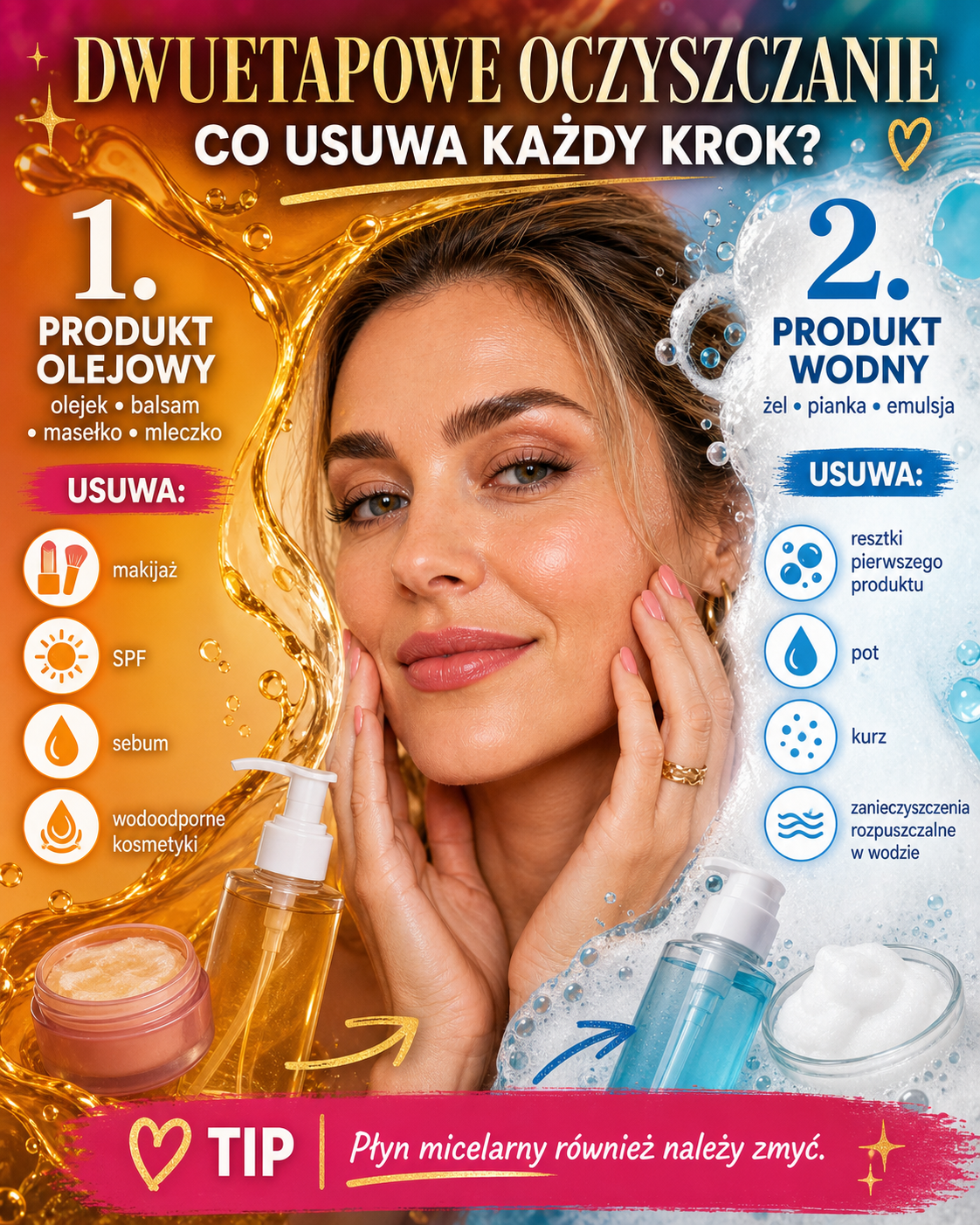 dwuetapowe oczyszczanie twarzy co usuwa kazdy krok Dwuetapowe oczyszczanie twarzy – porównanie etapu olejowego i wodnego oraz tego, co usuwa każdy z nich.