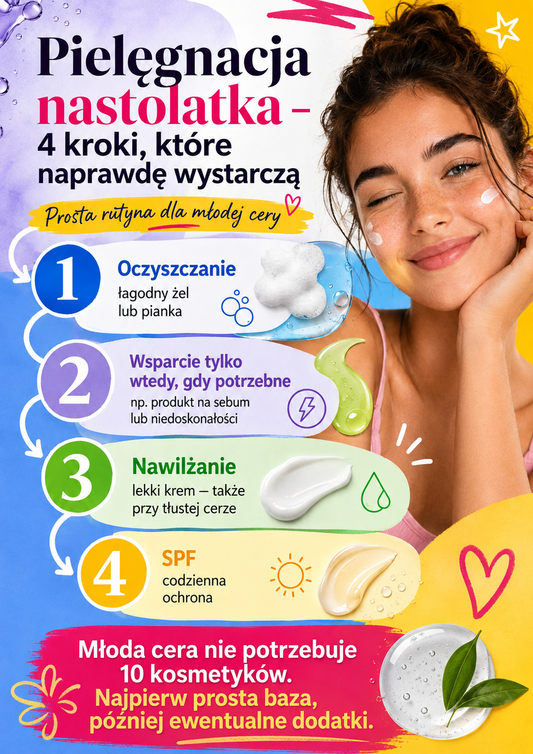 pielegnacja cery nastolatka krok po kroku Pielęgnacja cery nastolatka w czterech krokach: oczyszczanie, wsparcie niedoskonałości, nawilżanie i SPF.
