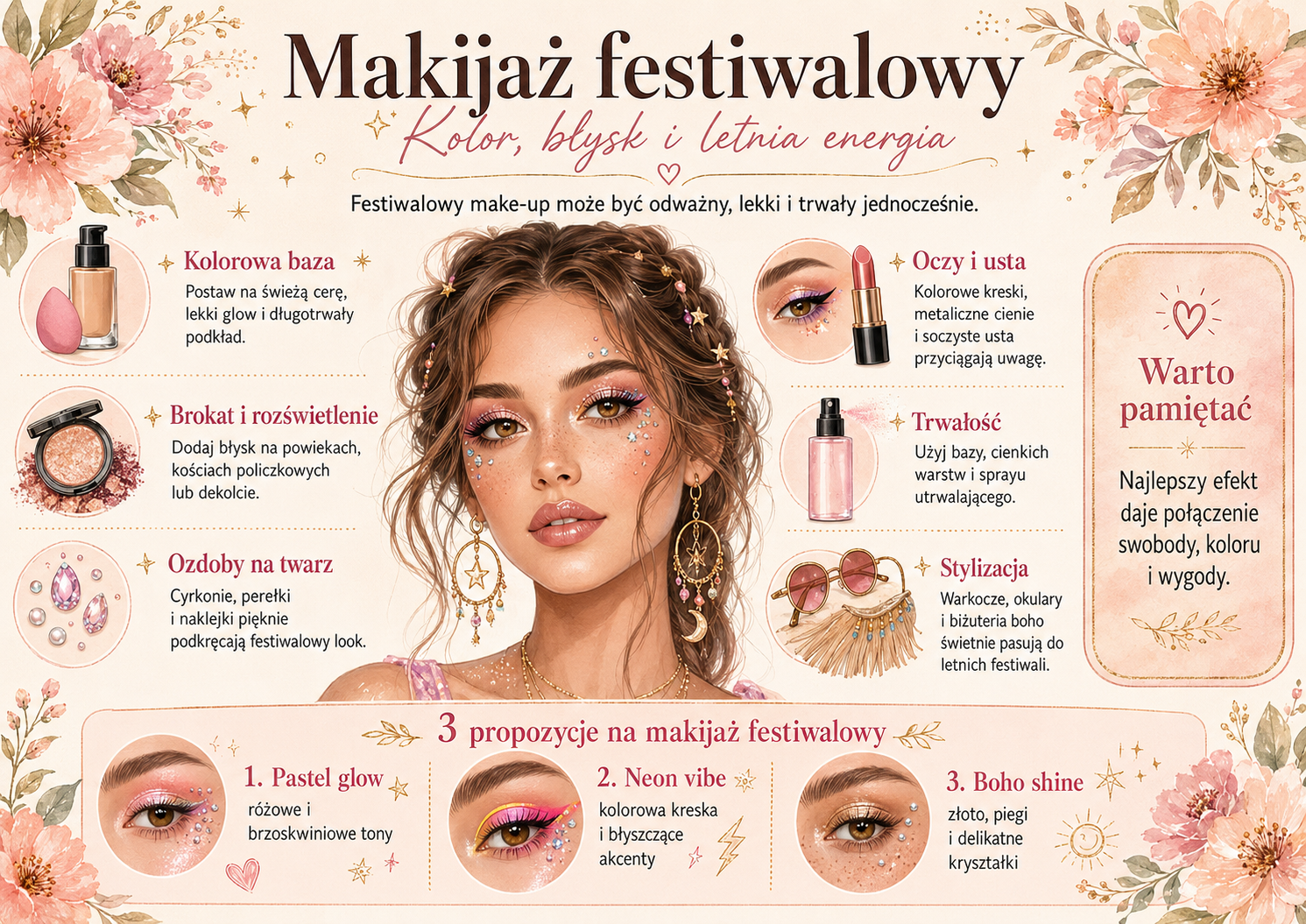 Festiwalowy makijaż krok po kroku i dodatki do looku makijaż festiwalowy krok po kroku brokat i ozdoby na twarz