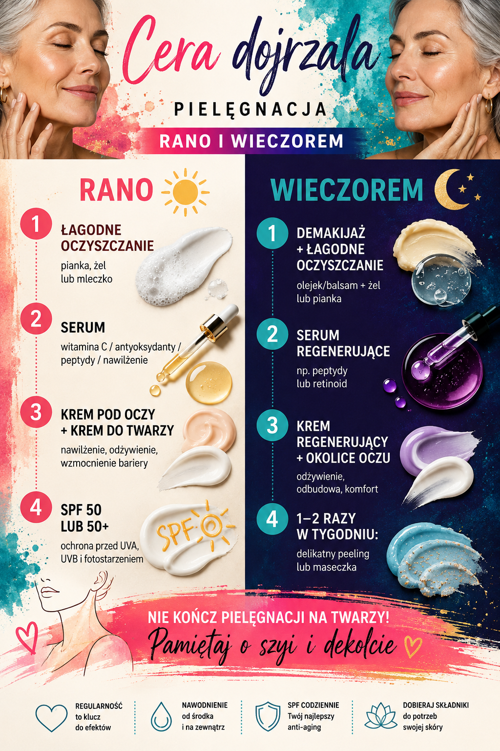 pielegnacja cery dojrzalej rano i wieczorem Poranna rutyna z serum, kremem i SPF oraz wieczorne oczyszczanie i regeneracja skóry twarzy, szyi i dekoltu.
