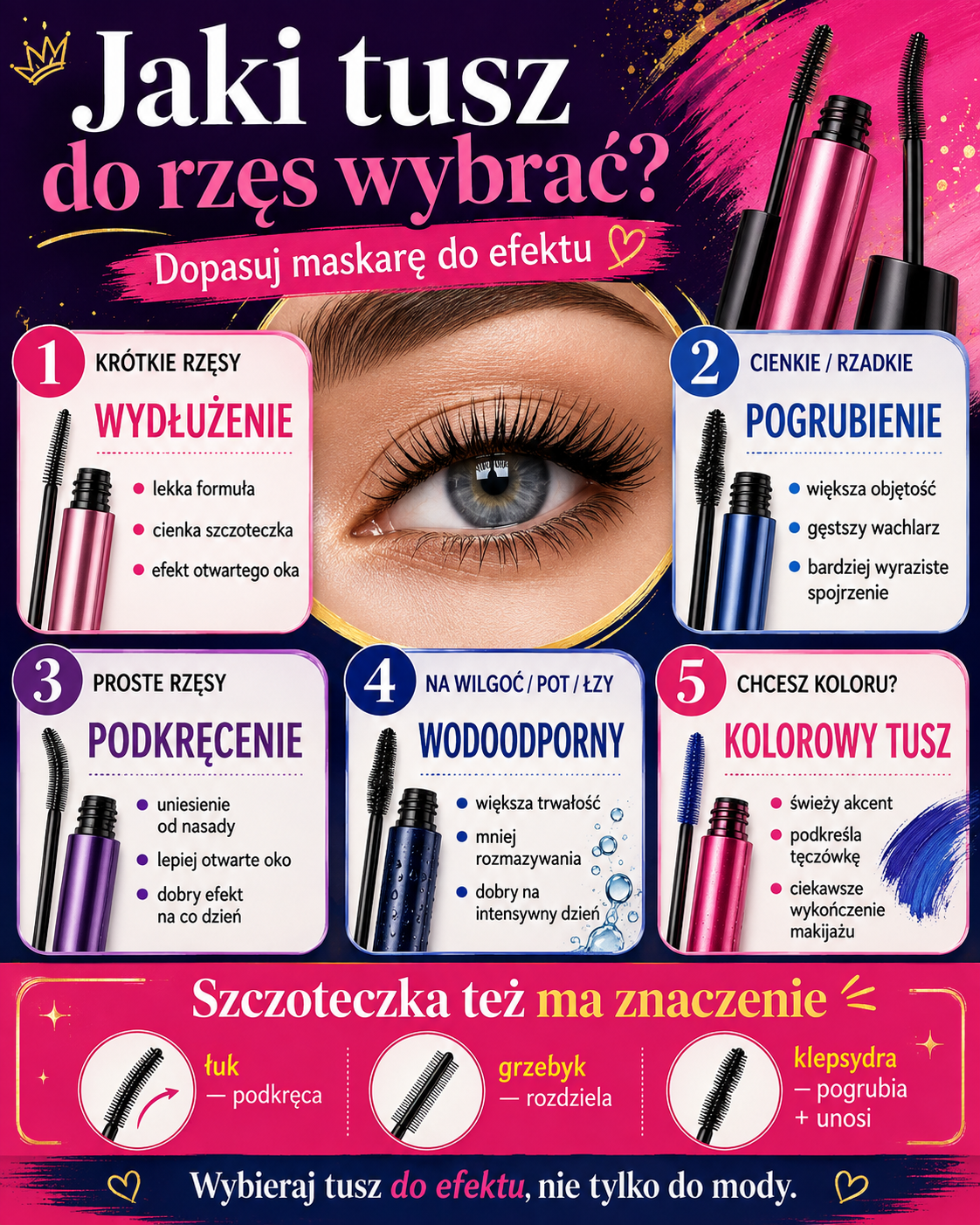 jaki tusz do rzes wybrac Dobór tuszu do krótkich, cienkich i prostych rzęs oraz maskary wodoodpornej i kolorowej z różnymi szczoteczkami.