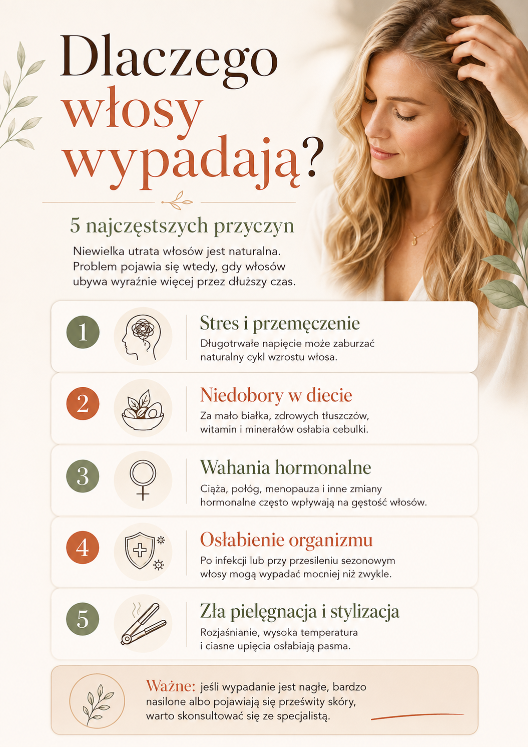 dlaczego wlosy wypadaja najczestsze przyczyny Pięć najczęstszych przyczyn wypadania włosów: stres, niedobory w diecie, wahania hormonalne, osłabienie organizmu i zła pielęgnacja.