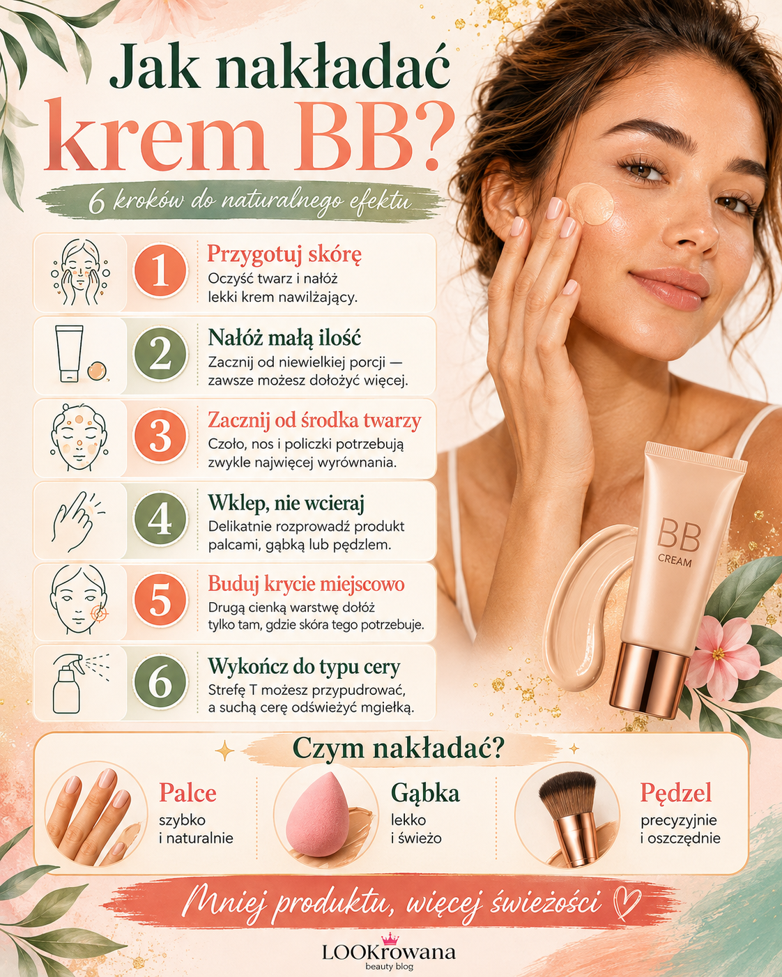 jak nakladac krem BB krok po kroku Jak nakładać krem BB krok po kroku – przygotowanie skóry, budowanie krycia oraz aplikacja palcami, gąbką lub pędzlem