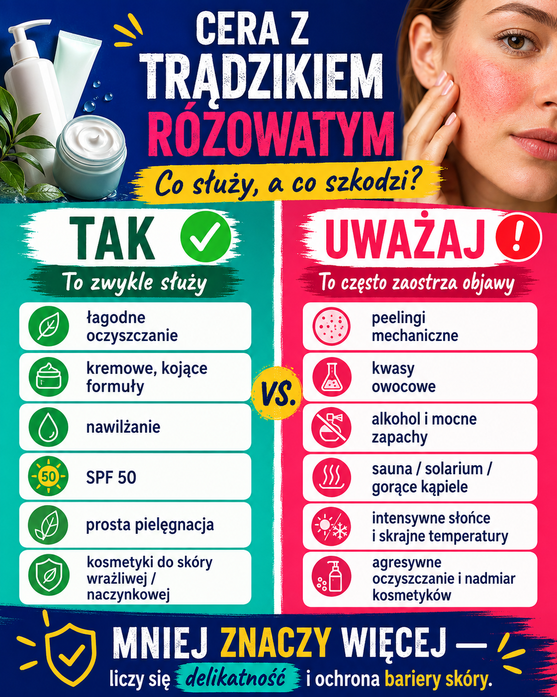 pielegnacja cery z tradzikiem rozowatym Pielęgnacja cery z trądzikiem różowatym – łagodne oczyszczanie, nawilżanie i SPF oraz czynniki, których warto unikać