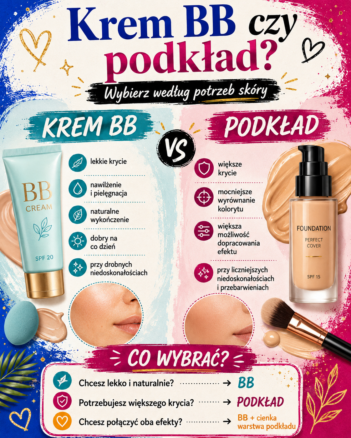 krem bb a podklad roznice Porównanie kremu BB i podkładu pod względem krycia, pielęgnacji, wykończenia oraz zastosowania przy różnych potrzebach skóry.