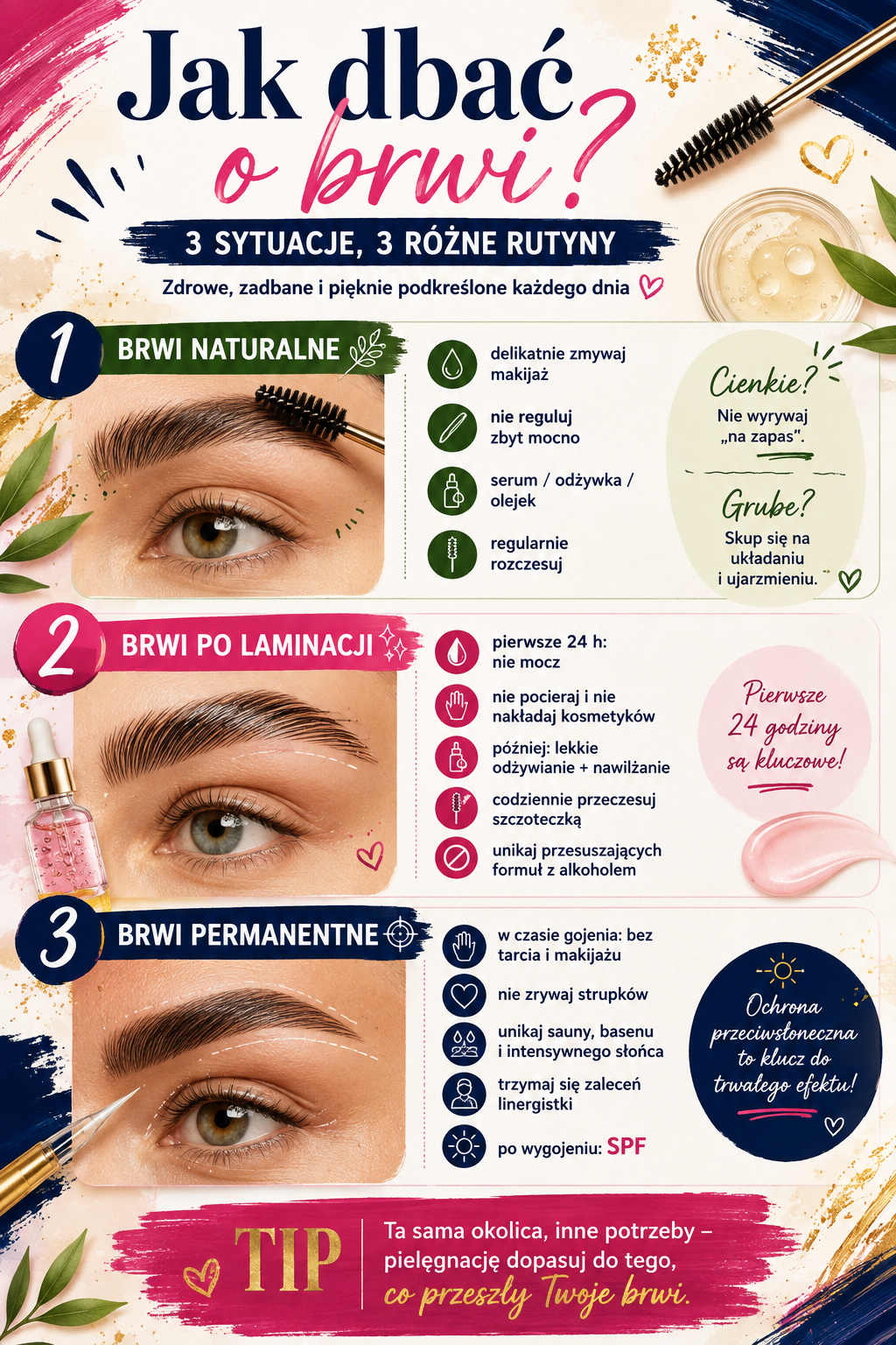 pielegnacja brwi naturalnych po laminacji i permanentnych Infografika porównująca pielęgnację brwi naturalnych, po laminacji i po makijażu permanentnym.