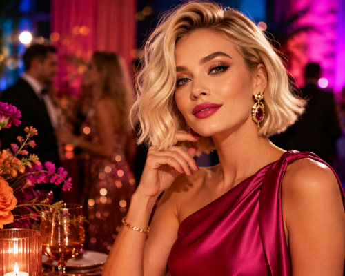 Elegancki makijaż okolicznościowy glamour z mocno podkreślonymi oczami smokey eye i fuksjową pomadką na ustach, idealny na wesele lub imprezę wieczorową.