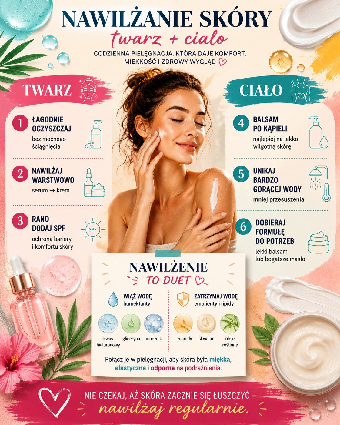 jak prawidlowo nawilzac skore twarzy i ciala Zasady nawilżania skóry twarzy i ciała: serum, krem, SPF, balsam oraz składniki wiążące i zatrzymujące wodę.
