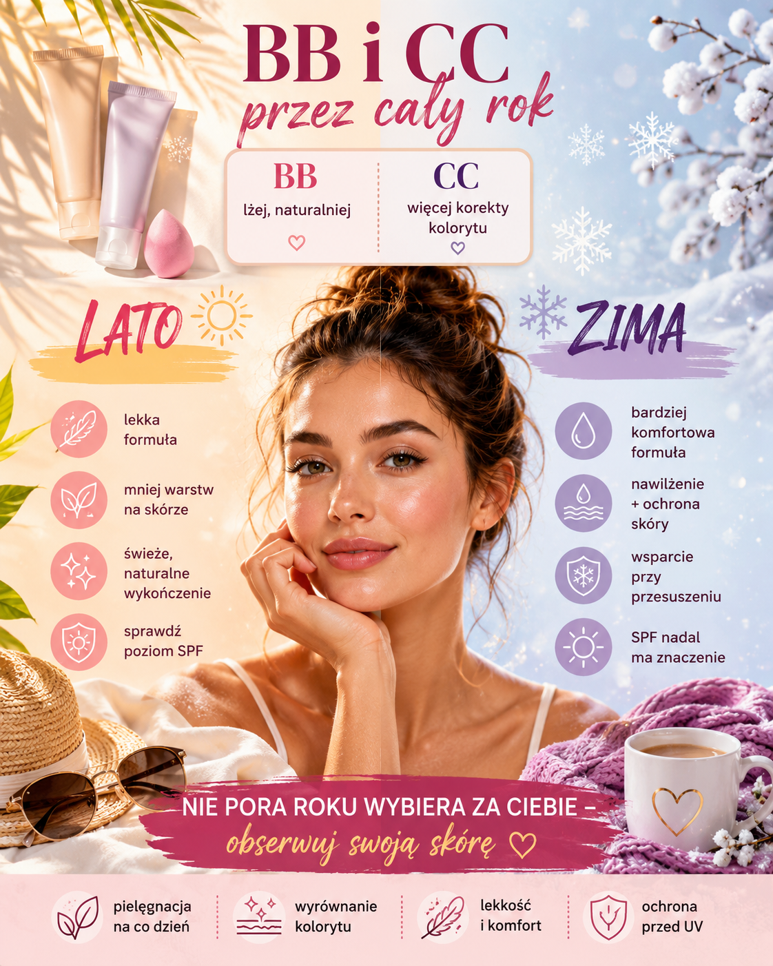 krem BB i CC na lato i zime jak dopasowac formule Kremy BB i CC na lato i zimę – różnice w formule, kryciu, komforcie i ochronie SPF.