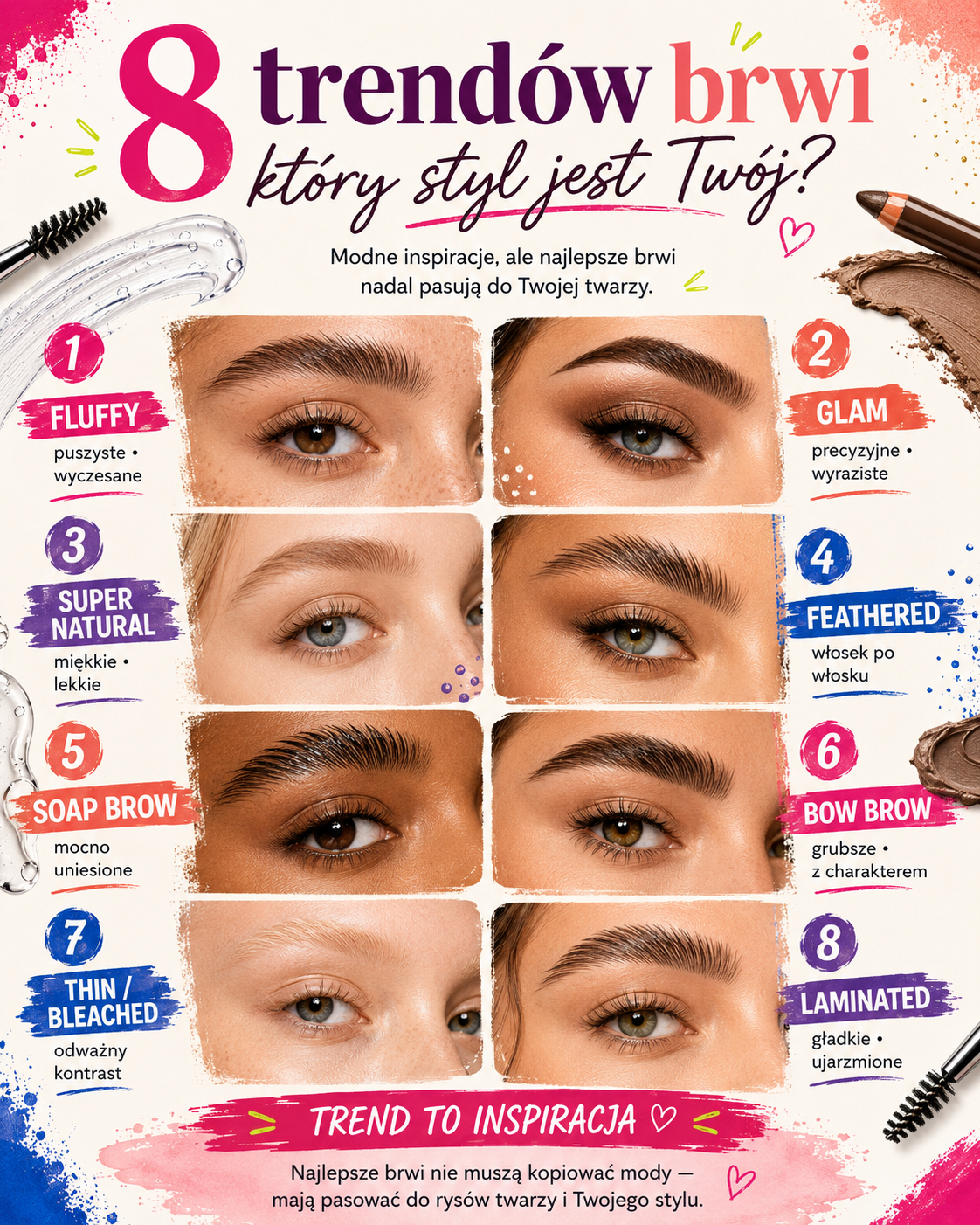 modne brwi 8 trendow i stylow stylizacji Osiem modnych stylów brwi, m.in. fluffy brows, naturalne, feathered, soap brows, rozjaśniane i laminowane.