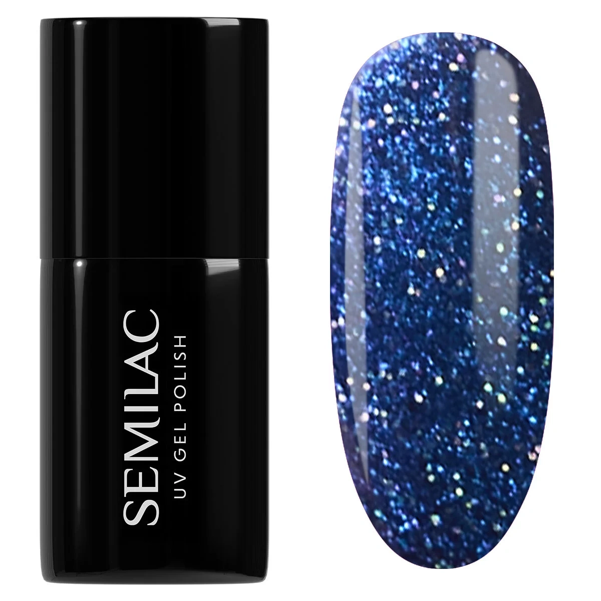 Granatowy lakier Semilac Mystery Blue z holograficznymi drobinkami
