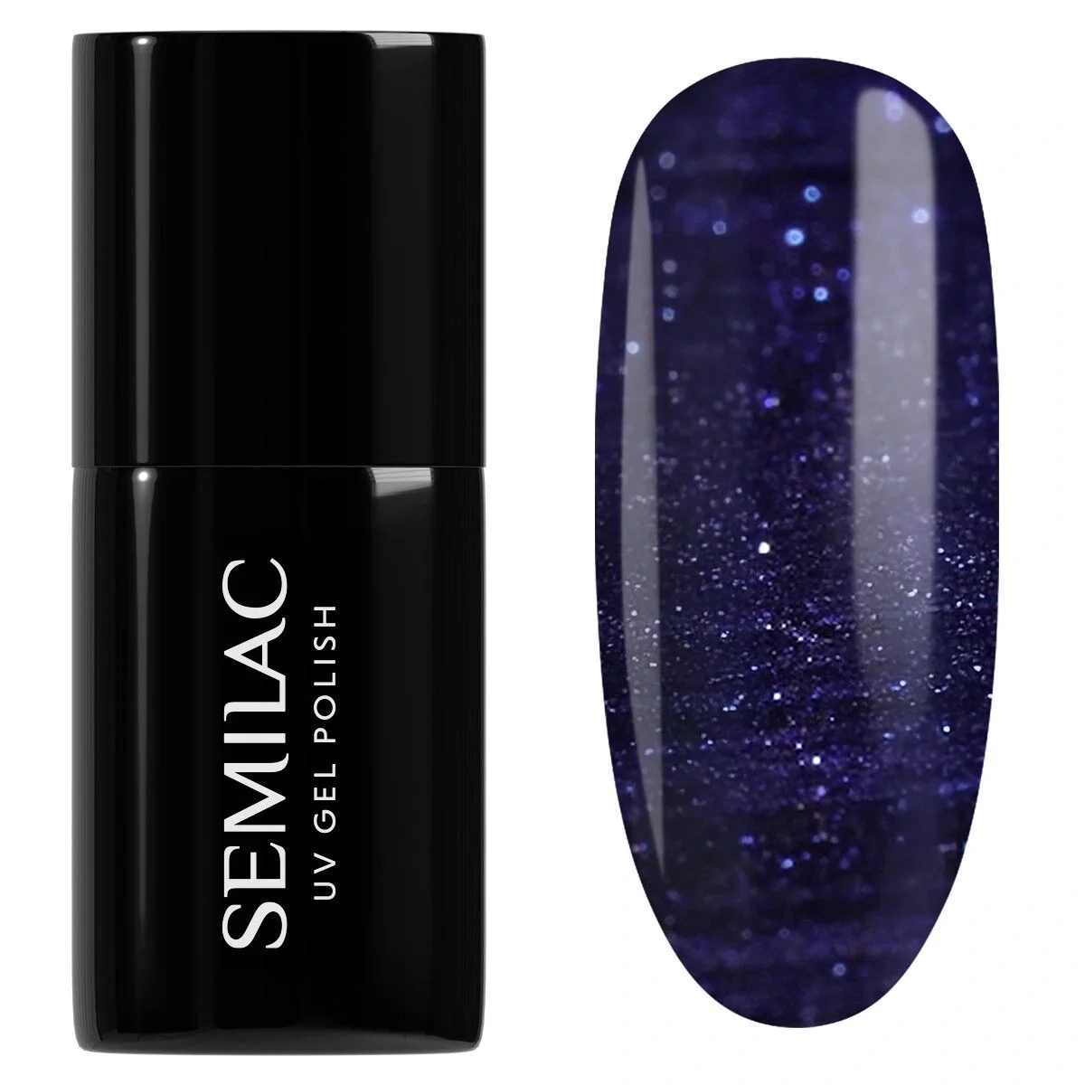 Niebieski lakier hybrydowy Semilac Midnight Fever efekt cat eye na czarnej bazie