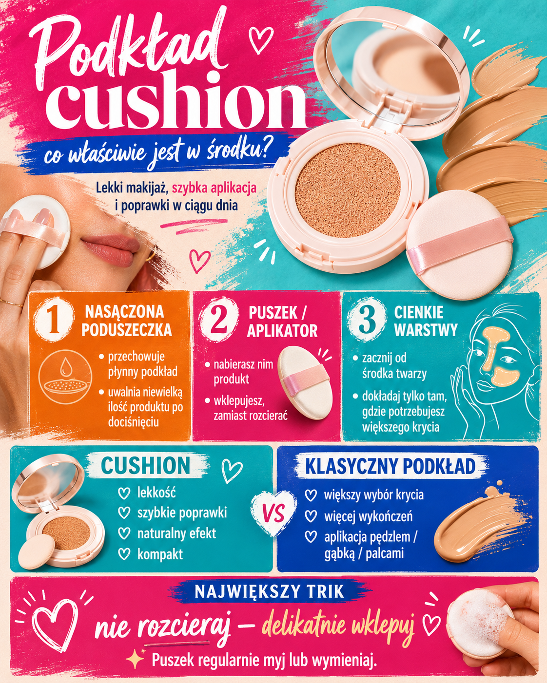 podklad cushion jak dziala i czym rozni sie od klasycznego Podkład cushion – budowa kompaktu, aplikacja puszkiem, nakładanie cienkimi warstwami i porównanie z klasycznym podkładem.
