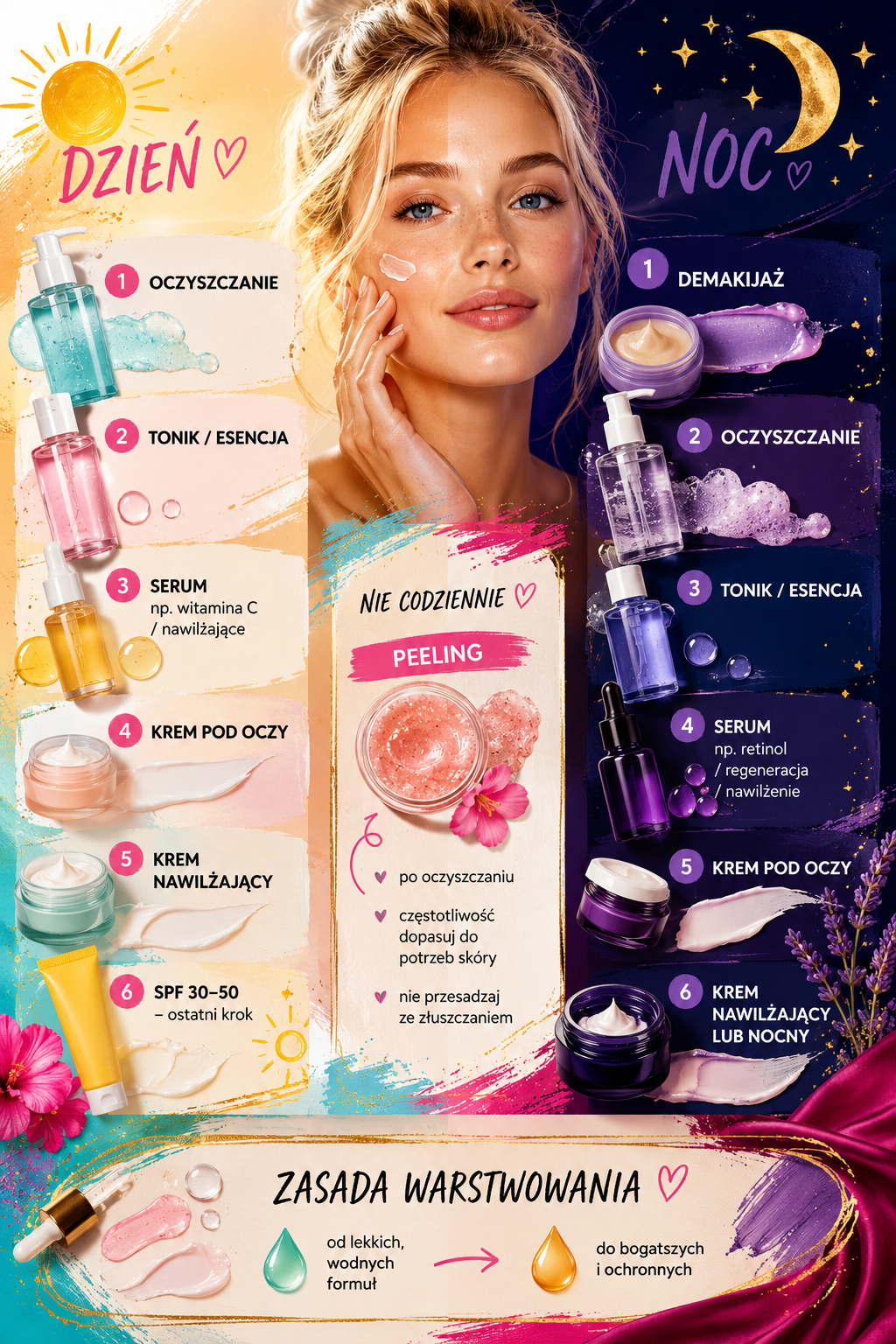 kolejnosc pielegnacji twarzy rano i wieczorem Kolejność pielęgnacji twarzy krok po kroku rano i wieczorem – od oczyszczania i serum po krem, SPF oraz pielęgnację nocną.