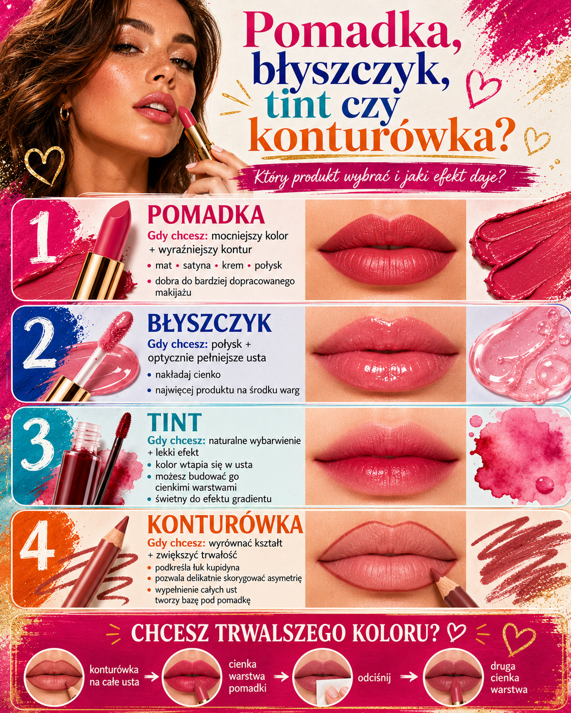 pomadka blyszczyk tint czy konturowka makijaz ust Porównanie pomadki, błyszczyka, tintu i konturówki oraz efektów, jakie dają w makijażu ust.
