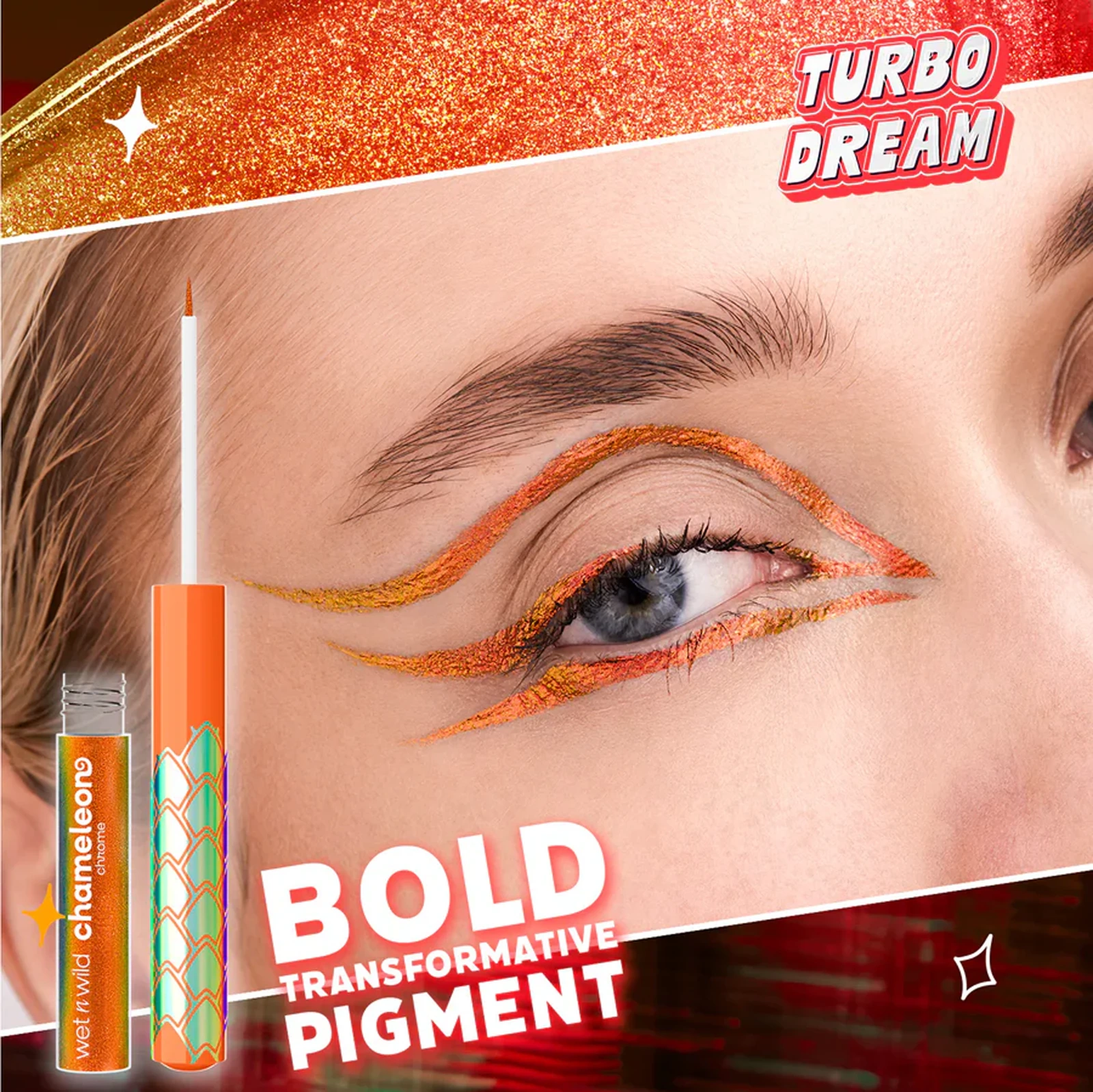 pomarańczowo złoty eyeliner z połyskiem