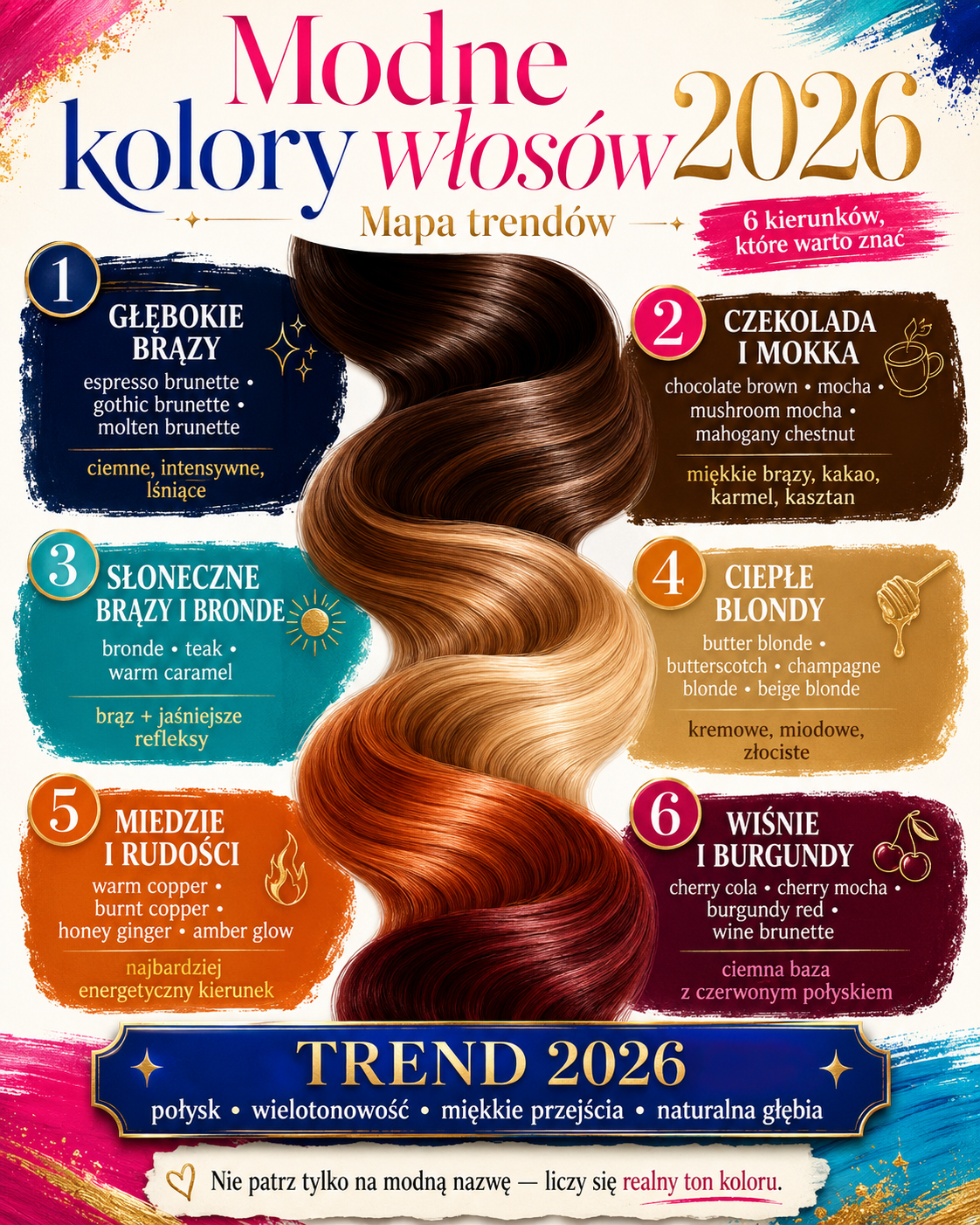 modne kolory wlosow 2026 najwazniejsze trendy Modne kolory włosów 2026 – głębokie brązy, czekolada, bronde, ciepłe blondy, miedzie oraz wiśniowe i burgundowe odcienie.