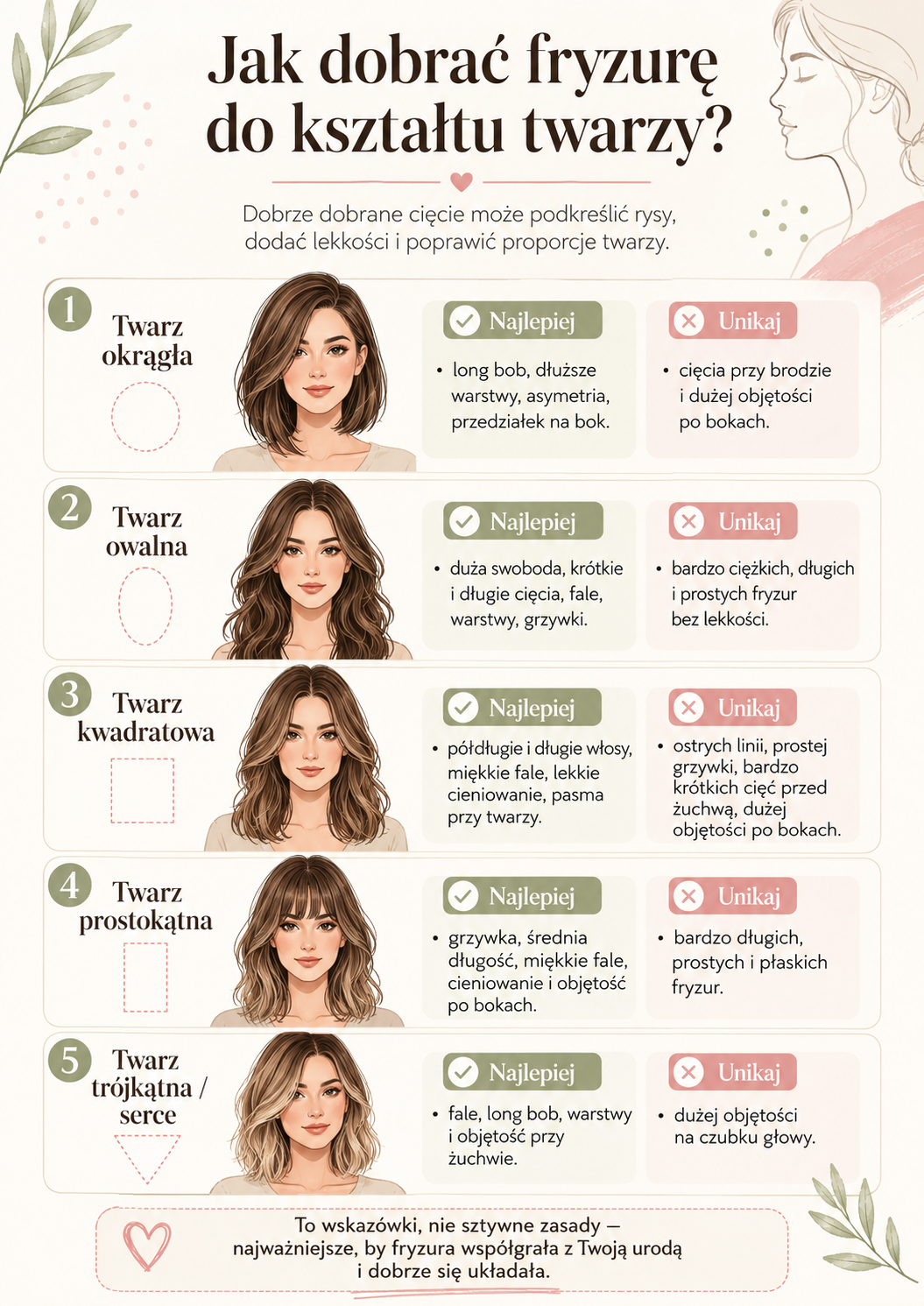 Jak dobrac fryzure do ksztaltu twarzy sciagawka infografika Poradnikowa infografika przedstawiająca jak dobrać fryzurę do kształtu twarzy z podziałem na twarz okrągłą, owalną, kwadratową, prostokątną oraz trójkątną.