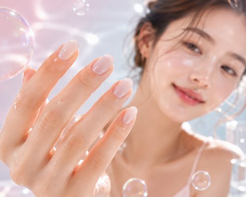 Modelka w stylu koreańskiego minimalizmu pokazuje błyszczące paznokcie soap nails w otoczeniu baniek mydlanych
