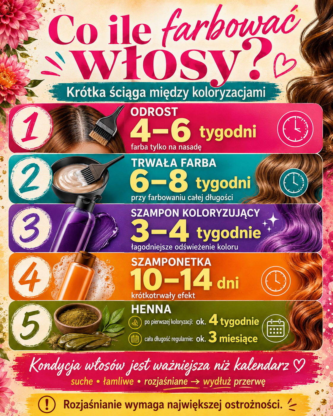 co ile farbowac wlosy przerwy miedzy koloryzacjami Odstępy między farbowaniami włosów dla odrostu, trwałej farby, szamponu koloryzującego, szamponetki i henny.