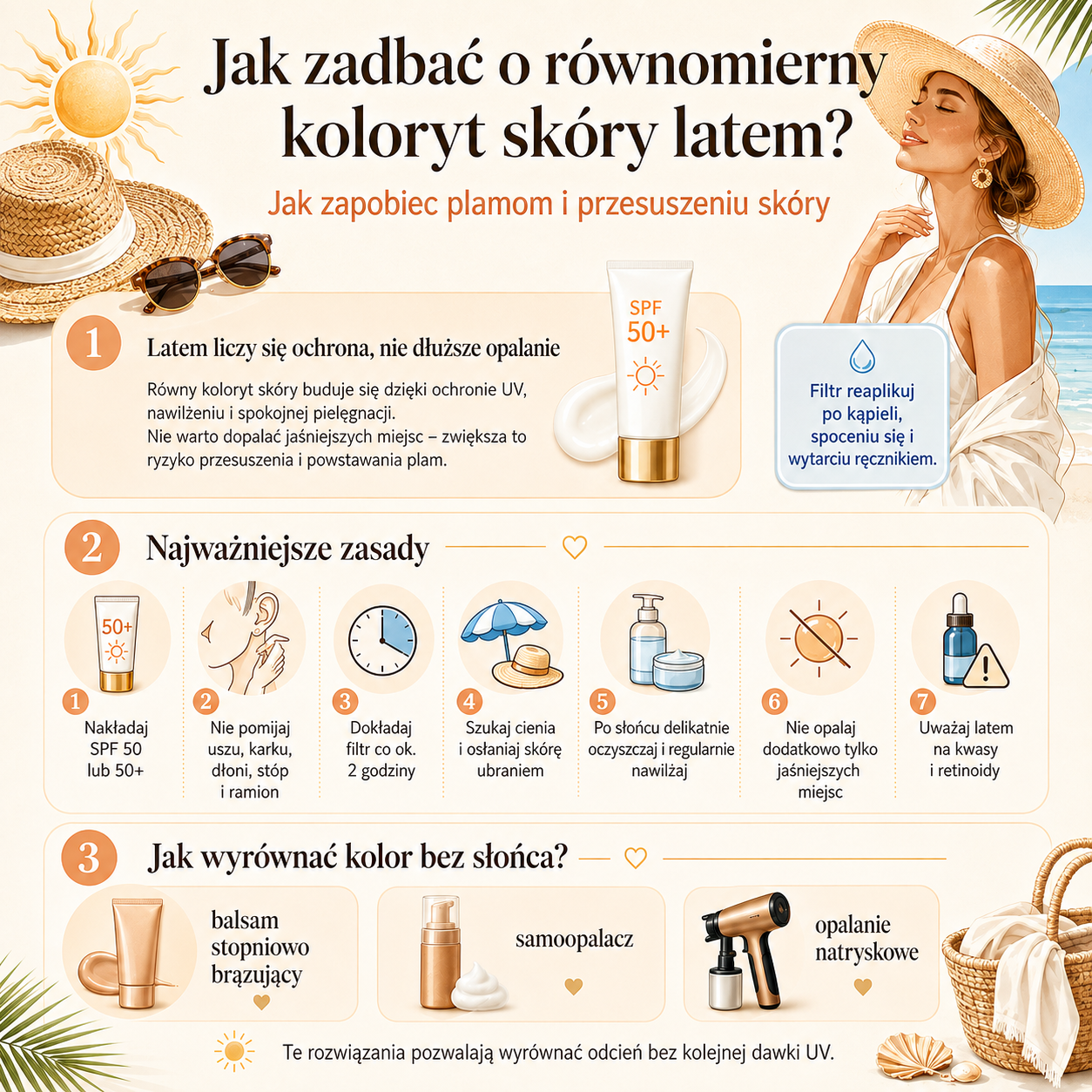 jak zadbac o rownomierny koloryt skory latem infografika Przejrzysta infografika przedstawiająca zasady dbania o równomierny koloryt skóry latem oraz sposoby na wyrównanie koloru bez słońca.