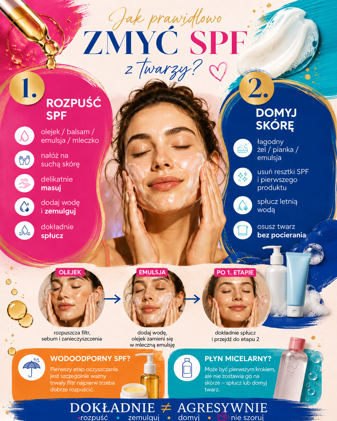 jak zmywac SPF z twarzy dwuetapowe oczyszczanie Dwuetapowe zmywanie SPF z twarzy olejkiem lub balsamem oraz łagodnym żelem, pianką lub emulsją.