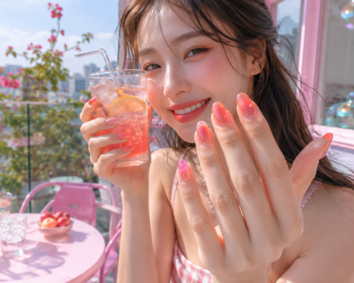 Półtransparentny, galaretkowy manicure jelly nails w kolorze soczystego różu na dłoni uśmiechniętej kobiety z napojem.