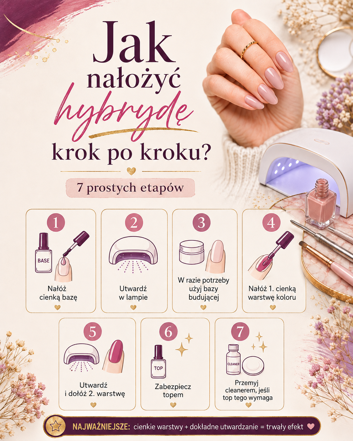 jak zrobić manicure hybrydowy krok po kroku Hybryda krok po kroku: baza, utwardzanie, kolor, top i przemycie paznokci.