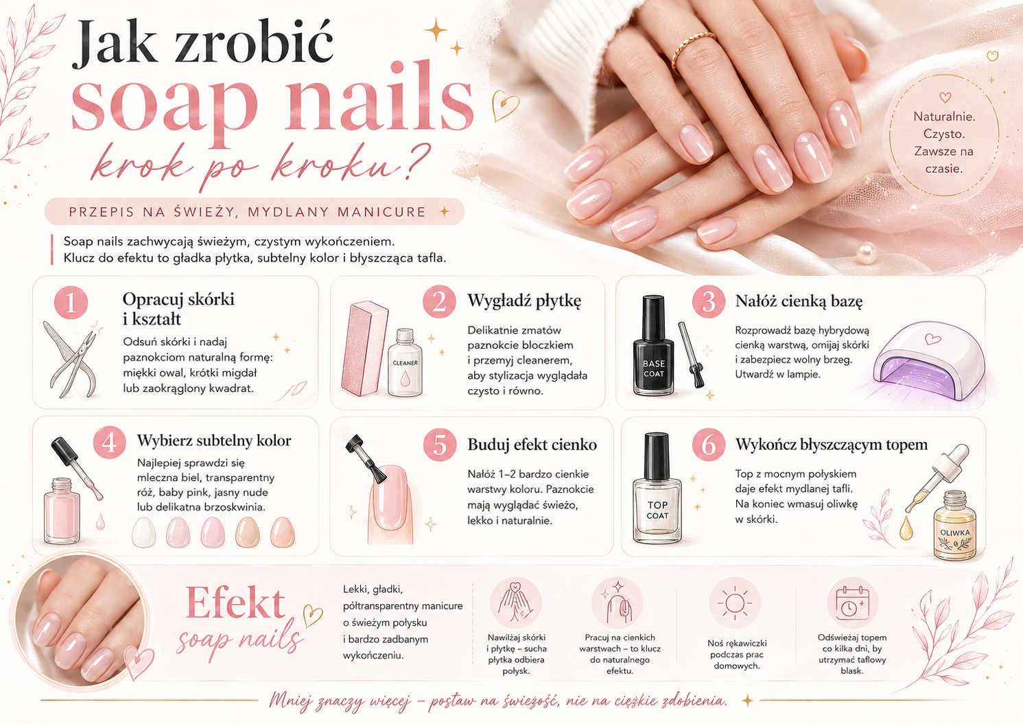 jak zrobic soap nails krok po kroku schemat manicure Instrukcja wykonania manicure soap nails krok po kroku: od opracowania skórek i wygładzenia płytki, po nakładanie mlecznego koloru i wykończenie błyszczącym topem.