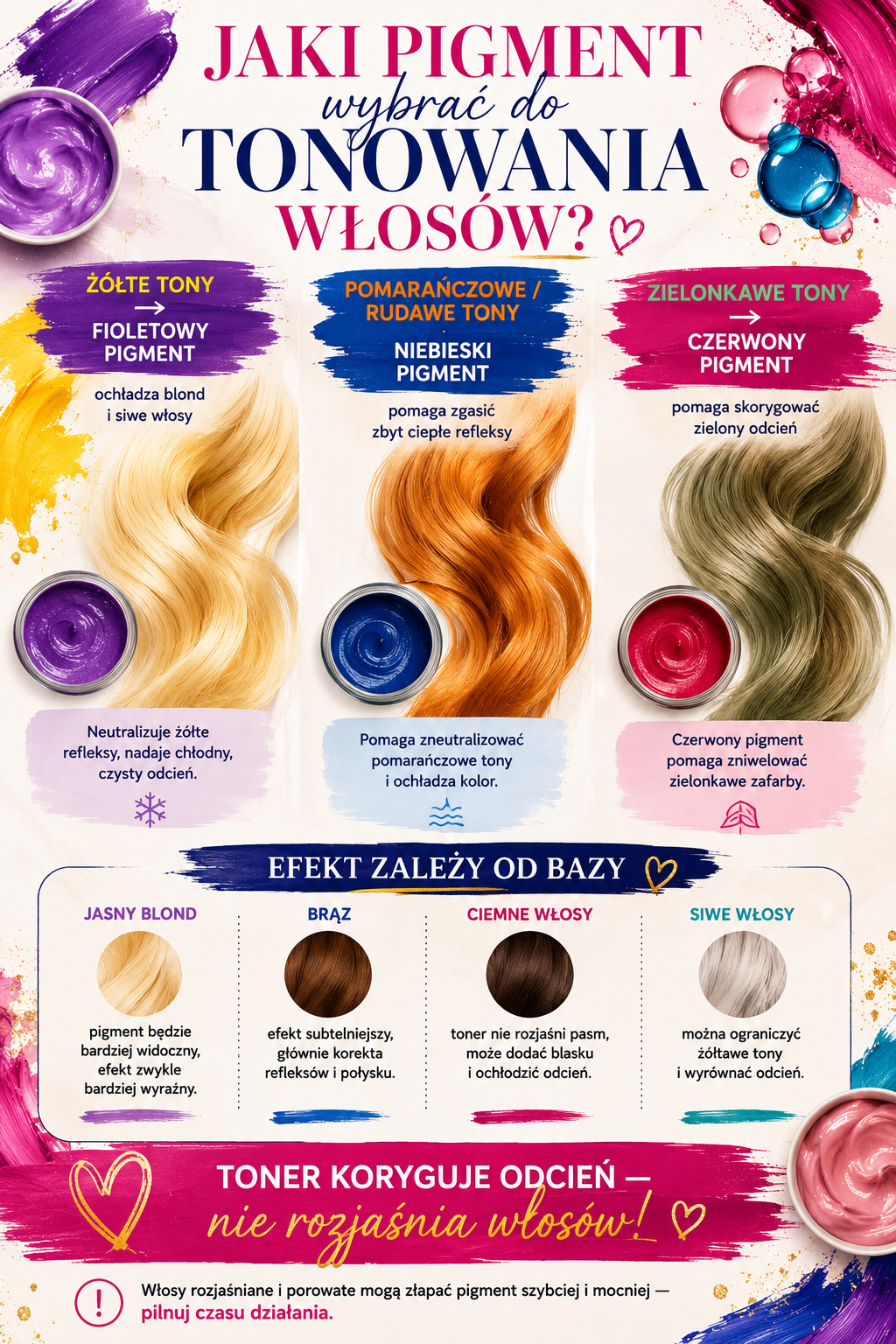 jaki pigment do tonowania wlosow neutralizacja odcieni Dobór pigmentu do tonowania włosów: fioletowy na żółte tony, niebieski na pomarańczowe i czerwony na zielonkawe odcienie.