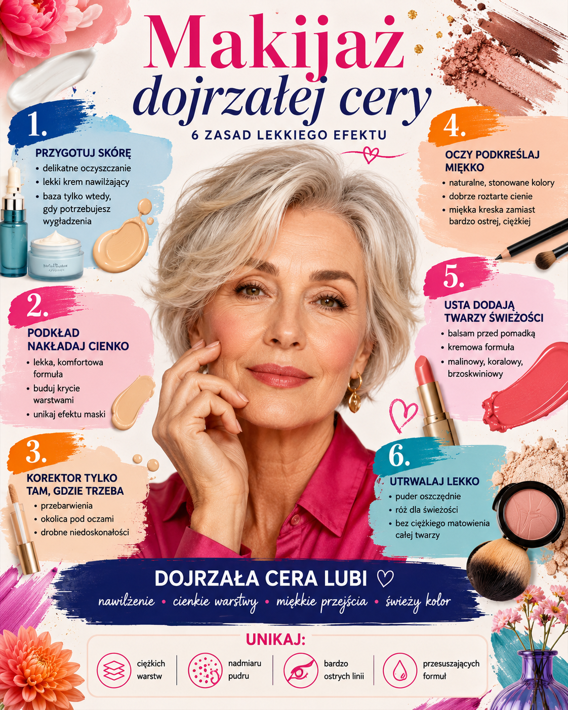makijaz dojrzalej cery naturalny lekki efekt Sześć zasad lekkiego makijażu dojrzałej cery: przygotowanie skóry, cienkie warstwy podkładu, punktowy korektor, delikatne oczy, świeży kolor ust i oszczędne pudrowanie.