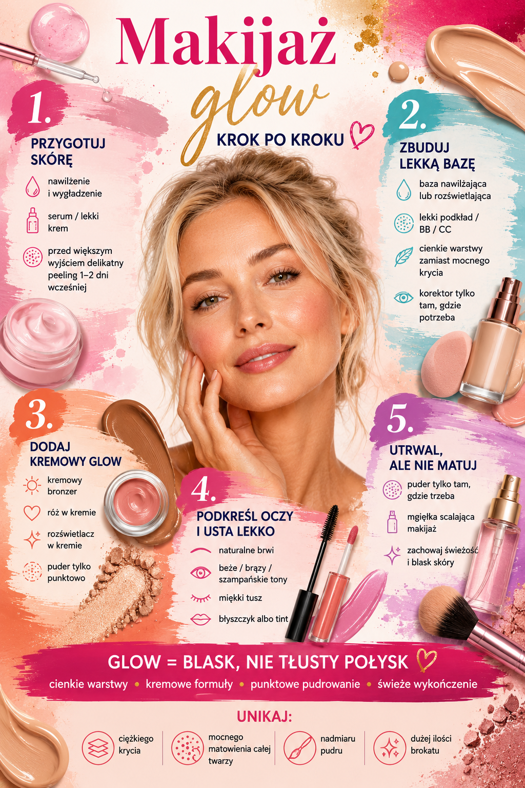 makijaz glow krok po kroku rozswietlajacy makijaz Makijaż glow krok po kroku: nawilżenie skóry, lekka baza, kremowy róż i bronzer, rozświetlacz oraz punktowe utrwalenie pudrem.