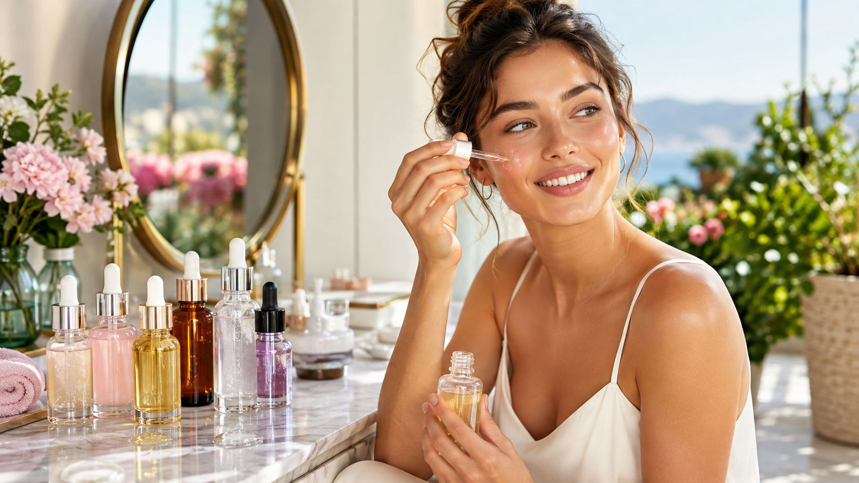 Najlepsze serum do twarzy – ranking i aplikacja Uśmiechnięta kobieta nakładająca pipetą nawilżające serum do twarzy, przy toaletce z buteleczkami kosmetyków.