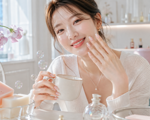 Mlecznoróżowy, czysty manicure soap nails na dłoni uśmiechniętej kobiety w jasnym, estetycznym wnętrzu.