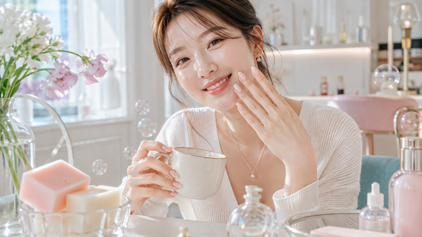 soap nails mydlane paznokcie w koreanskim stylu clean girl Mlecznoróżowy, czysty manicure soap nails na dłoni uśmiechniętej kobiety w jasnym, estetycznym wnętrzu.