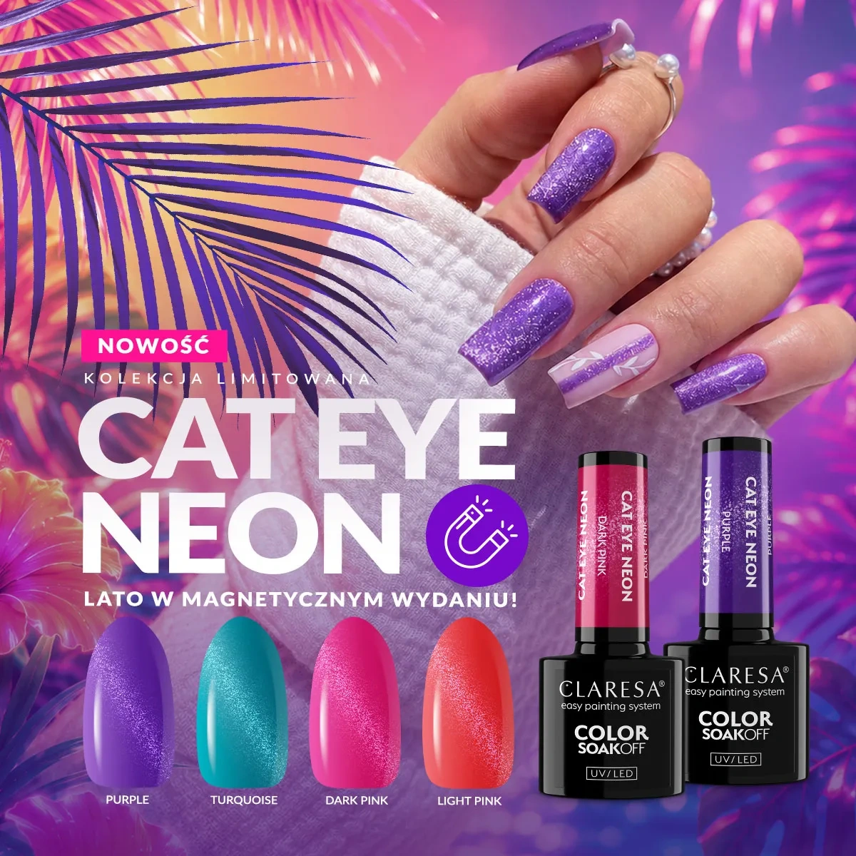 Neonowy fioletowy lakier hybrydowy Claresa Cat Eye Neon Purple w kolekcji Cat Eye Neon