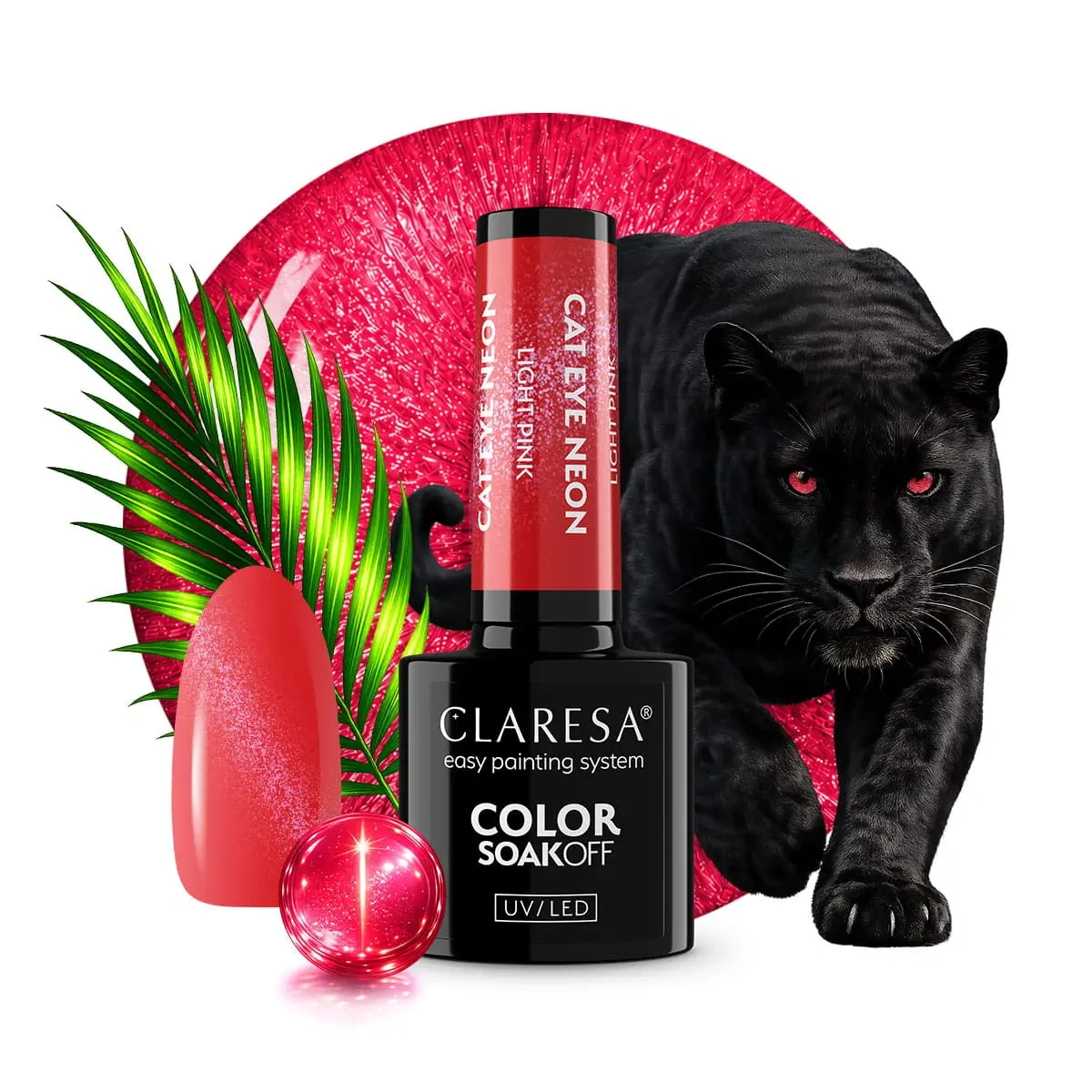 Neonowy koralowy lakier hybrydowy Claresa Cat Eye Neon Light Pink z efektem cat eye