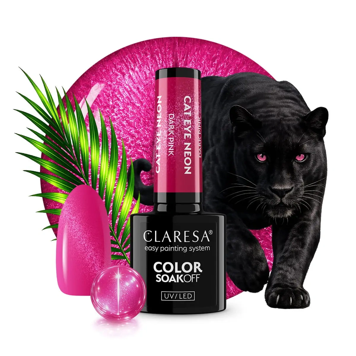 Neonowy różowy lakier hybrydowy Claresa Cat Eye Neon Dark Pink z efektem cat eye