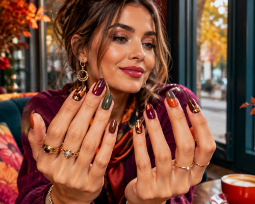 Kobieta pokazuje jesienny manicure w odcieniach bordo, oliwki, pomarańczu i złota.